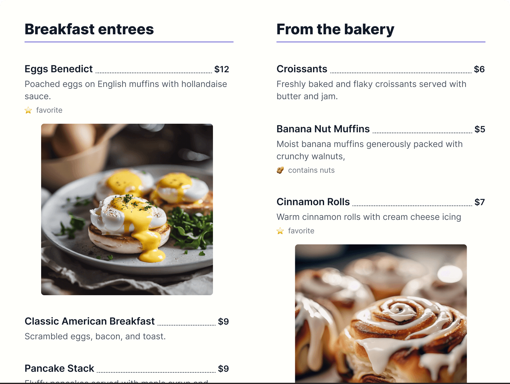 Sample menu